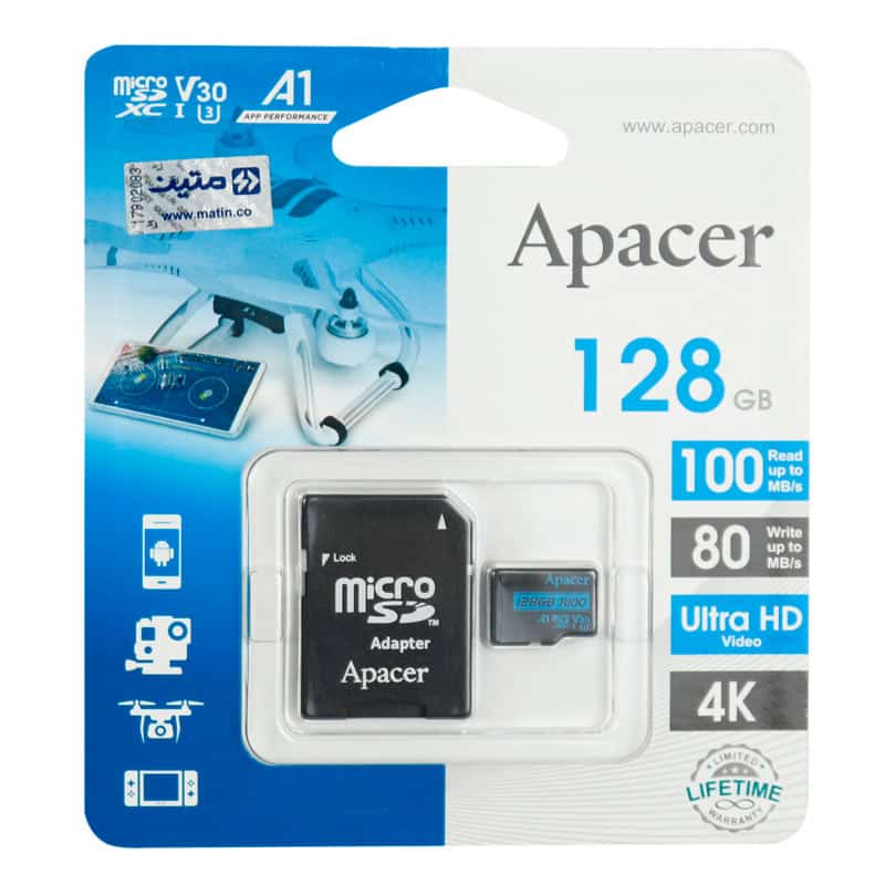 کارت حافظه micro SDXC اپیسر مدل Rioo A1 V30 U3 C10 100MB/s ظرفیت 128 گیگابایت + گارانتی متین و خشاب