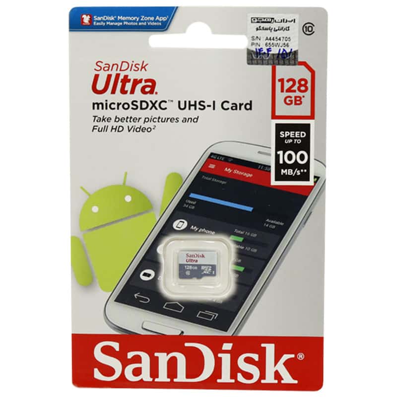 کارت حافظه micro SDXC سن دیسک مدل Ultra U1 C10 100MB/s ظرفیت 128 گیگابایت + گارانتی