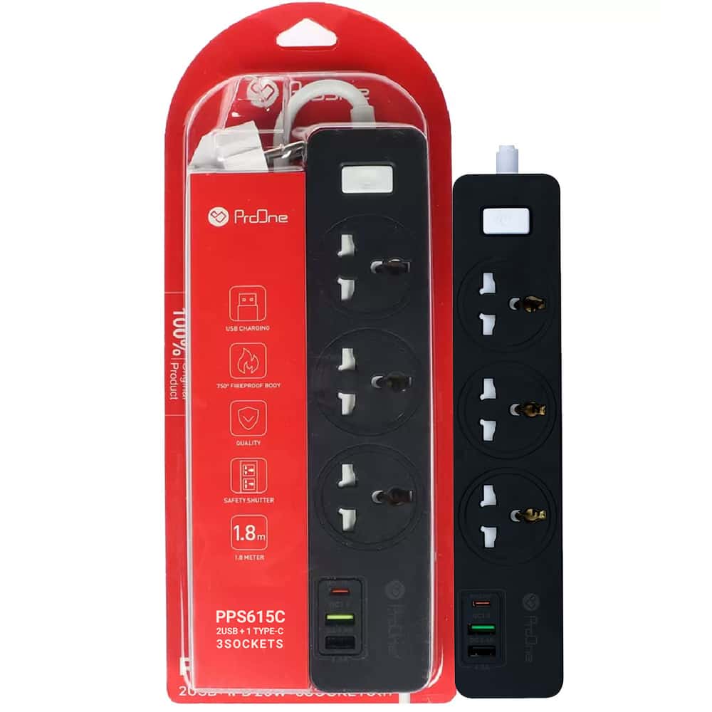 چند راهی 3 خانه برق ارت دار پرووان PPS615C با کابل 1.8 متری + شارژر USB و Type-C